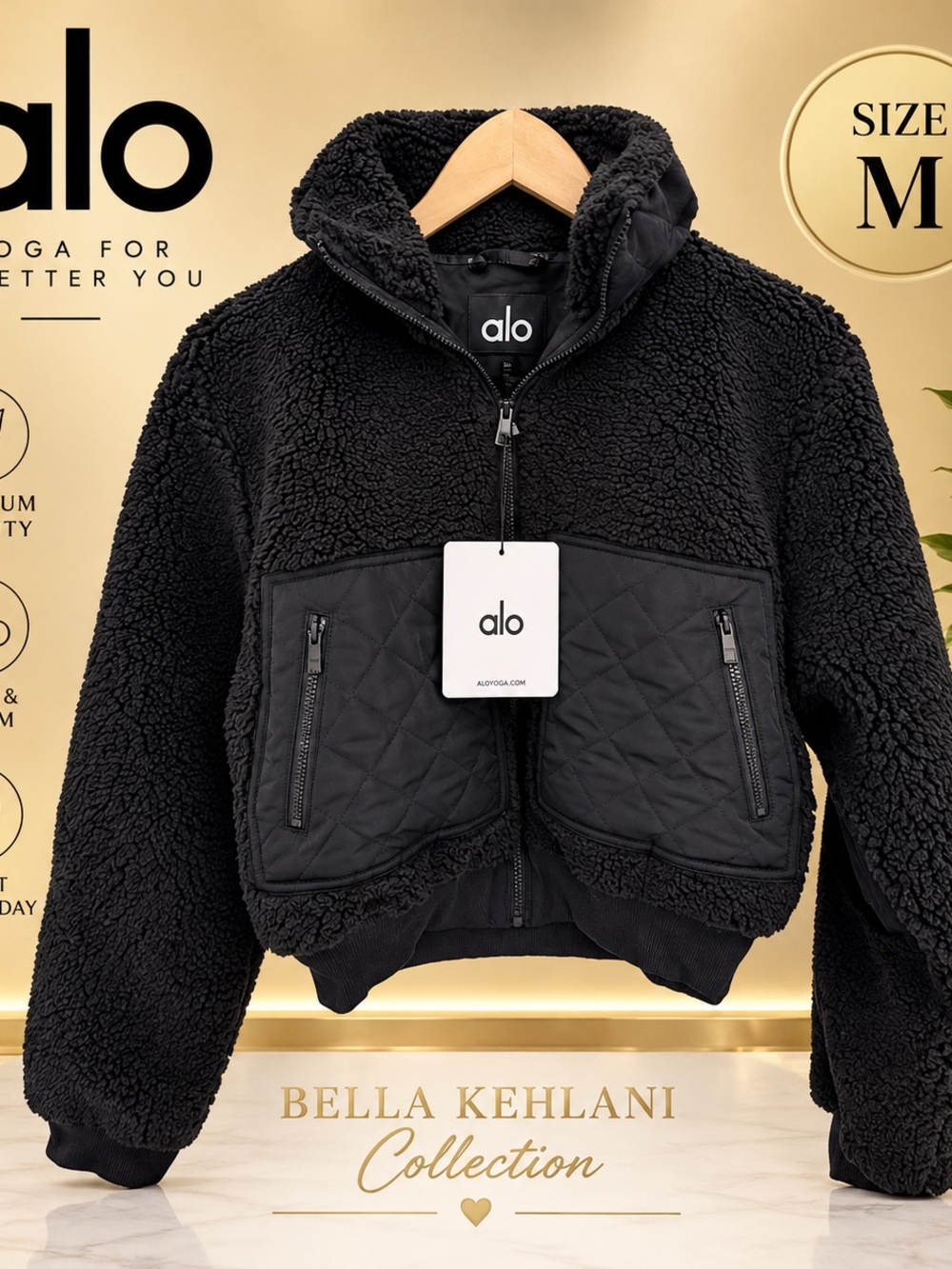 ALO Yoga Kids Black Sherpa Puffer Jacket with Quilted Pockets